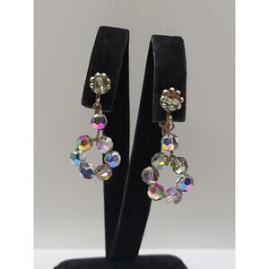 Vintage Aurora Borealis Crystal Bead Dangle Clip Earrings Gold Tone
